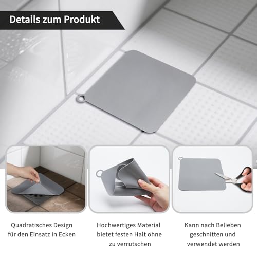 APOMOONS 2 Stück Bodenablauf Abdeckung, 20×20cm Silikon Quadrat Geruchsverschluss Bodenablauf, Bodenablaufmatte, Anti-Geruchs Abflussstopfen Dusche für Küche, Badezimmer, Toilette (Grau)