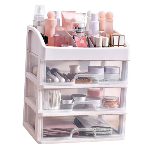 Qudinip Caja de Almacenamiento Cosmético de Cajones de 3 Niveles, Organizador de Maquillaje de Plástico Transparente con Espacioso Almacenamiento para Joyas de Papelería