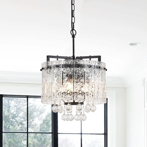 brfaixla 13.4" Small 4-Light Modern Glass Chandelier Light Fixtures Mini Black 2-Tier Crystal Chandeliers for Dining Room Round Hanging Ceiling Pendant Lighting for Kitchen Island Entryway Hallway