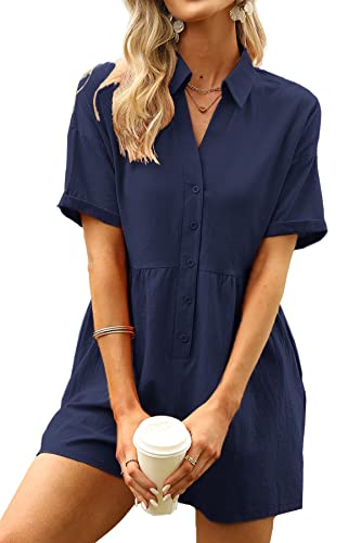 Deep Self V Neck Button Up Rompers For Women Dressy Short Sleeve Collared Comfy Shorts Jumpsuits For Summer Navy Blue #TOP14