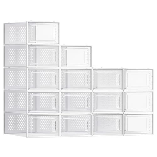 Image of SONGMICS Shoe Boxes, Pack of 15 Shoe Storage Organizers, Stackable Clear Plastic Boxes for Closet, Sneakers, 13.1 x 9.1 x 5.6 Inches, Transparent and White ULSP015W02