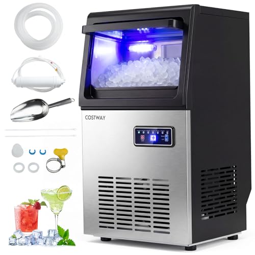 Image of COSTWAY Commercial Nugget Ice Maker Machine, 90 Lbs/24H Chewable Pellet Ice, 10 Lbs Storage Bin, Self-Cleaning, Under Counter Soft Sonic Ice Machine for Office Kitchen Bar Cafe, Stainless Steel