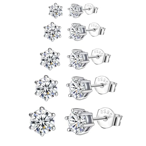 Epoch World 5 Paia Orecchini in Argento Sterling 925 Diamante Piccoli Anallergici Orecchini Argento 925 Rotondo Zirconia Set Orecchino da Donna Orecchini per Donna Uomo