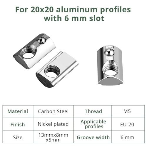 EYPINS 100x Nutensteine M5 mit Steg, Federkugel Nut 6, 20x20 Hammermutter Stahl Verzinkt Nutmuttern T-Nut M5 Gewinde für 3D Drucker, CNC Aluminiumprofil-Extrusionsschlitz 20-Serie
