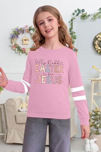 Image of LAZYCHILD Kids Easter Shirt Girls Happy Easter Shirts Rabbit Graphic Long Sleeve Striped Tee Tops 5-14 Years