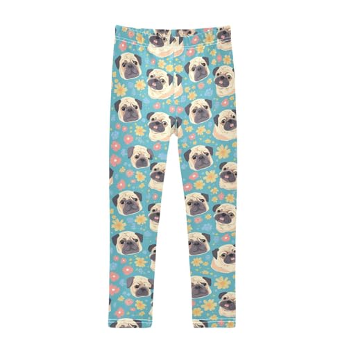 Cute Pug Head Girls' Leggings Toddler Doodles Colorful Flowers Kids Yoga Pants Dance Active Tights 4T