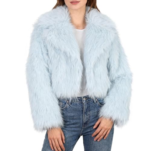 Amazhiyu Women's Faux Fur Crop Lapel Jackets Open Front Long Sleeve Coat Pockets Light Blue, Medium