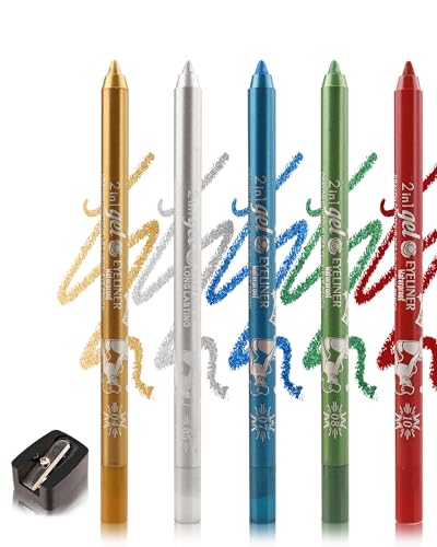 5Pcs Crayon Gel Yeux Pailleté & Matte Set, Or Argent Bleu Vert Rouge Waterproof et Longue Tenue, Eyeliners Effet Tatouage avec Taille-Crayon, Hautement...
