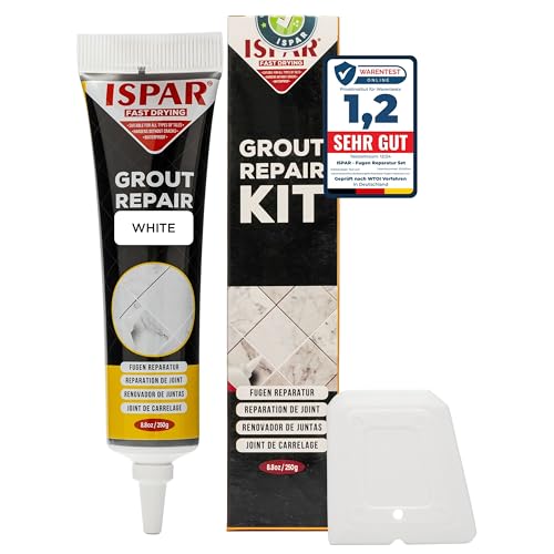 ISPAR Fugenweiß Set 250g - Fugenfarbe für Bad & Küche – Für Fliesenfugen & Fugenreparatur - Gebrauchsfertige, schnell trocknende Fugenmasse mit Spachtel – Geruchsneutral & Praktisch ISPAR Fugenweiß Set 250g - Fugenfarbe für Bad & Küche – Für Fliesenfugen & Fugenreparatur - Gebrauchsfertige, schnell trocknende Fugenmasse mit Spachtel – Geruchsneutral & Praktisch