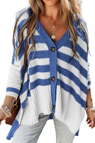 SELINK Women's Cardigan Sweater Casual V Neck Buttoned High Low Sweater Cardigan Striped Long Sleeve Daily Outwear