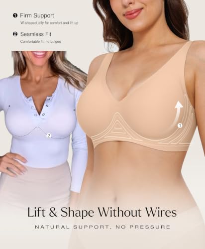 Wireless Pushup Bras for Women Seamless Bras Comfortable Bralettes with Support and Lift No Underwire Comfy Deep V Tshirt Bra Skin XL — view 2