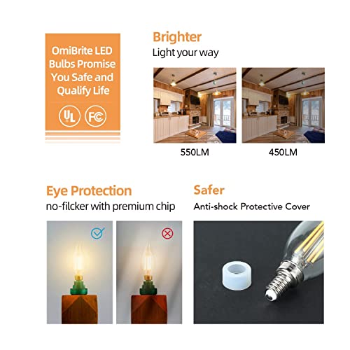Omibrite Dimmable Led Chandelier Bulbs, Warm White 2700K, 60W Equivalent, 5.5W 550 Lumens, E12 Candle Bulbs, 90+Cri, Ul Listed, 6/Packlabra Base, 90+Cri, Ul Listed, 6/Pack #TOP3
