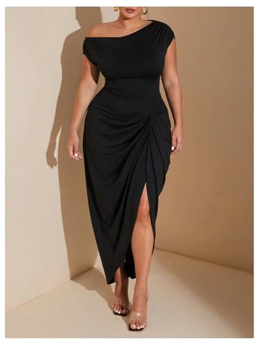 Floerns Women's Plus Size Asymmetrical Neck Long Dress Ruched Slit Hem Cocktail Dress3