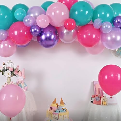 Image of Jobkoo Pink Purple Blue Balloons 60 PCS Metallic Purple Teal Hot Pink Party Latex Balloon with Confetti Balloons for Girls Princess Birthday Baby Shower Wedding Bachelorette Neon Party Decorations