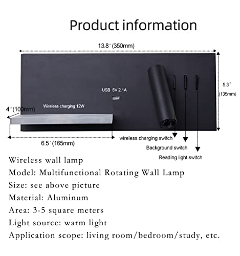 Applique LED En Bois D'intérieur Avec Interrupteur Et Connexion USB 5V/2A, Applique Murale LED Pour Lit De Chambre Avec Chargeur Sans Fil 9V/1A, Mur De Fond 7W & Lampe Col De Cygne 3W Blanc Chaud – vue 8