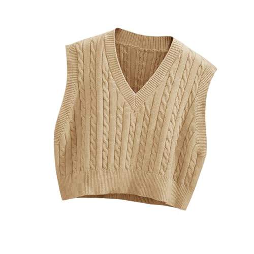 Lailezou Women's V-Neck Knit Sweater Vest Solid Color Argyle Plaid Preppy Style Sleeveless Crop Knit Vest