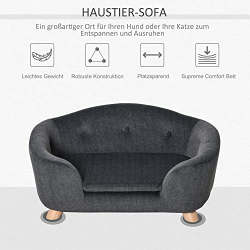 PawHut Haustiersofa Hundematte Hundebett Hundesofa Hundecouch Katzen Sofa mit Kissen Rückentasche Plüsch Schaumstoff Kiefernholz Dunkelgrau 70 x 47 x 30 cm