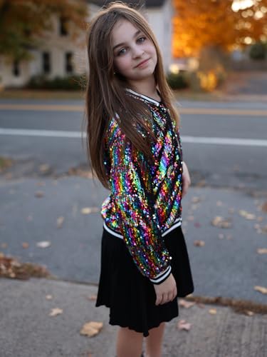Image of LOLANTA Girls Sequin Jacket, Long Sleeve Kids Bomber Coats with Pockets, Spring Fall Outfits for 4-15 Years