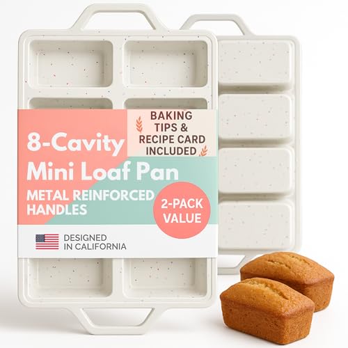 2-Pack Silicone Mini Loaf Pans for Baking Bread – 8-Cavity Nonstick Baking Molds with Metal-Reinforced Handles – BPA-Free, Odor-Resistant Silicone mini bread loaf pans for Cakes & Meatloaf – Cream