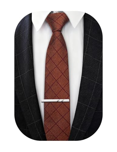 Image of Barry.Wang Skinny Ties for Men Wool Blend Herringbone Necktie with Tie Clip | Tie and Tie Clip Set, Cashmere Wool Stripe, 2.76 x 63 Inches, Extra Long Slim, Wedding Work Party Classic