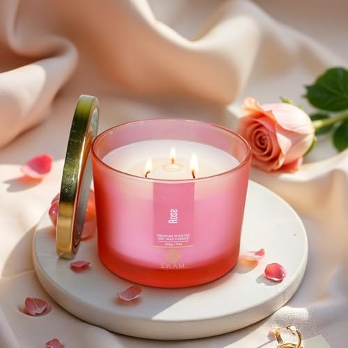 Image of EKAM 3 Wick Soy Wax Scented Candle | Rose Fragrance | 35 Hr Burn | Long Lasting Premium Jar Candle for Home Decor, Relaxation & Gifting