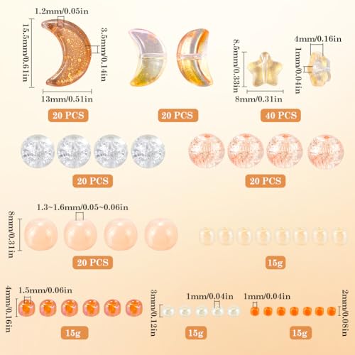 SUNNYCLUE 1 BOX ABOUT 1700+PCS Orange Bracelet Making Kit Star And Moon Beads Bulk Glass Resin Transparent Glass Round Seed Spacer Loose Beads Kit for jewellery Making Bracelet Beading Kits Diy Crafts - Image 2