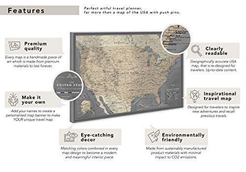 Us Wall Map Pin Board On Canvas | Personalized Us Travel Map With Push Pins | Track Your Travels On Us Map Wall Art | Up To 40" X 59" #TOP6