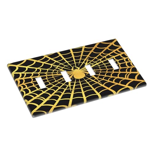 Decorative Switch Plate Covers Black Background with Golden Spiderweb Spider 4 Gang Light Switch Cover Plate Quad Toggle Wall Plate Outlet Covers for Bedroom Home Decor