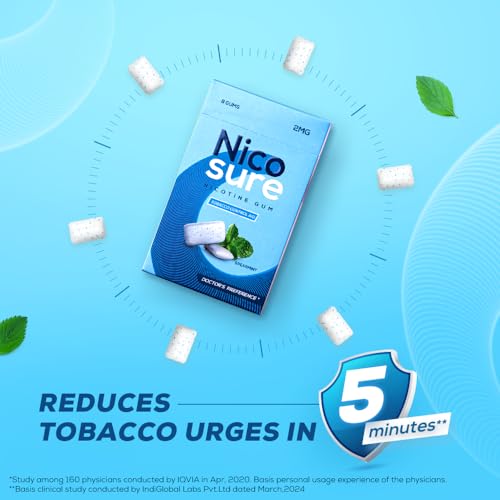 Image of Nicosure Nicotine Gum -2mg Pack of 15-120Gums Tobacco Control Aid Spearmint Flavour Doctors' Preference Aids in Quitting Tobacco Low throat irritation Long-lasting flavour Tobacco Cessation Sugar-free
