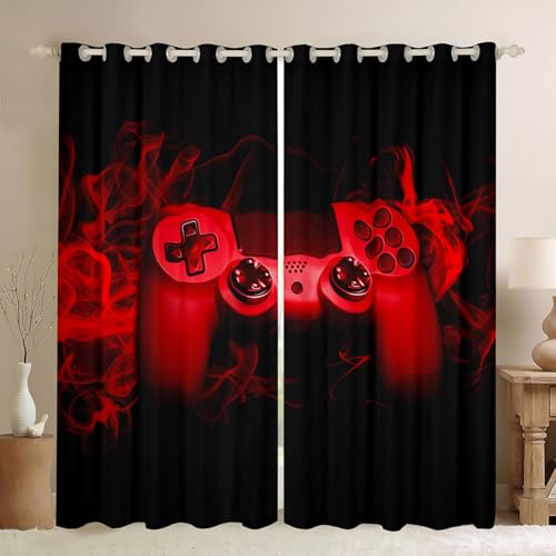 Feelyou Red Gaming Thermal Curtain for Boys Bedroom Gamer Window Treatments Teens Kids Video Game Gamepad Window Drapes Console Game Controller Curtain 42W x 84L 2 Panels