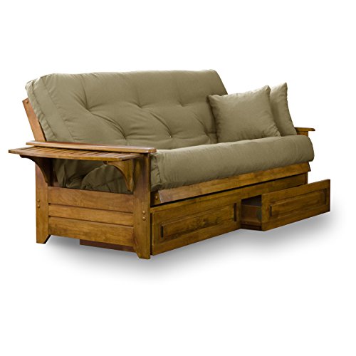 Nirvana Futons Brentwood Tray Arm Futon Frame, Drawers, and Khaki Mattress Set - Full, Rich Heritage Finish