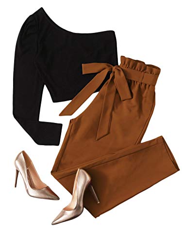 Floerns Women s Casual One Shoulder Crop Top with Pants Set 2 Piece Outfit Multi S