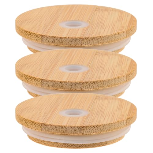 PRETYZOOM Bamboo Jar Lids with Straw Hole 3-Pack 2.75 Inch Reusable Canning Lids Covers for 16 Oz Mason Jars and Soda can Cups Household Kitchen Dining