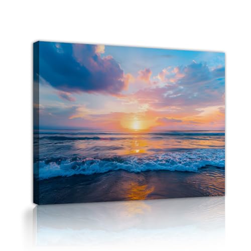 モダンな海の夕日のキャンバスウォールアートビーチの海景絵画海岸の波は、バスルームホームオフィスの装飾のためのミニマリストポスターを印刷します90x120cmインナーフレーム