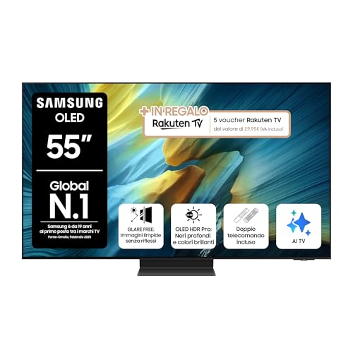 Samsung OLED 4K Vision AI Smart TV 55'' QE55S95FAEXZT, NQ4 AI Gen4 Processor, 4K AI Upscaling, Glare Free, Dolby Atmos & OTS+, Infinity One Design, PACCHETTO INTRATTENIMENTO, 2025