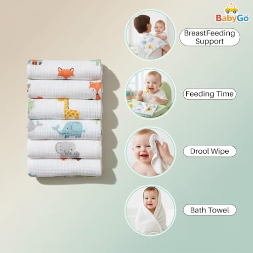 Image of BabyGo Muslin Baby Washcloths - 6 Layer Ultra Soft Cotton Baby Towels | Highly Absorbent Face Towels for Newborns, Kids & Toddlers | Quick Dry Burp Cloths & Bath Essentials - Pack of 4