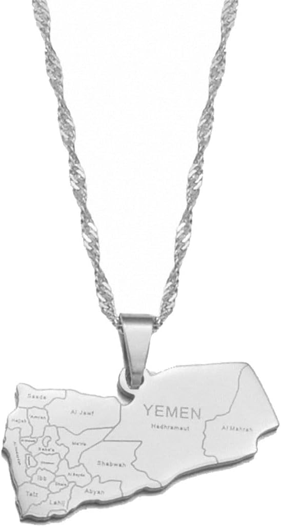 Hafrita Yemen Map Flag Pendant Neckalces Silver Gold Neckalce Yemeni Map Chain Necklaces (60cm Thin Chain, Silver Color With Cities Name)