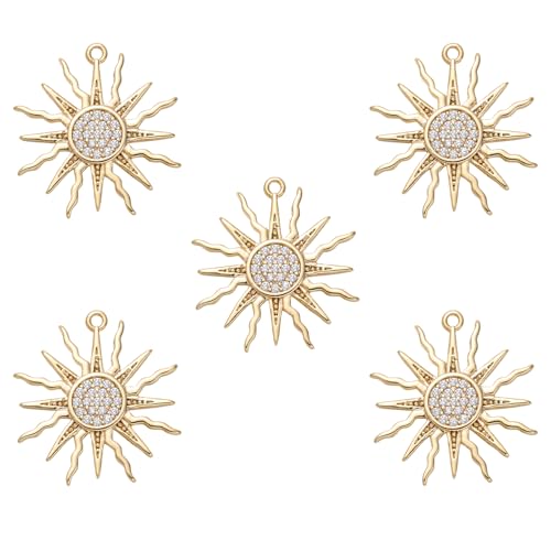 LEGENTLISUR 5Pcs 18K Gold Plated Sun Charms for Jewellery Making Cubic Zirconia Charms Solar Eclipse Pendants for Bracelets Necklace Earring Keychains DIY Supplies