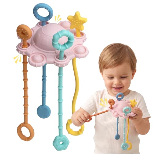 ETETOO Montessori Pull String Toy Silicone Travel Toy | Food Grade Silicone Early Development Toy, Fine Motor Skills Sensory Toys, Montesorri Gifts (Pink)