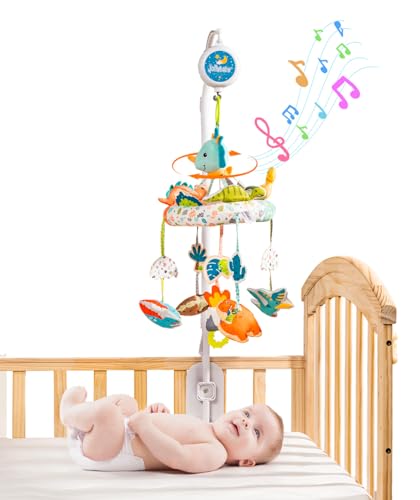 Jollybaby Nursery Baby Automatic Rotating Dinosaur Crib Mobile Toy with Music Box & Arm, Montessori Sensory Musical Hanging Toy for Bassinet, Newborn Clip on Crib Mobile Soother Toy Gift, Polyester
