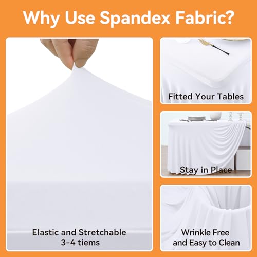 Image of NSSONBEN 6 Pack White Spandex Tablecloth for 6 Foot Rectangle Tables,Wrinkle Free High Stretch Fitted Table Cloths 6ft, Elastic Spandex Table Covers 6ft with Pleats Skirt for Party Wedding Banquet