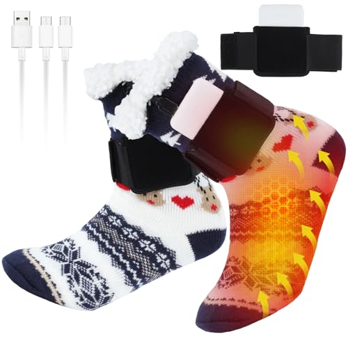 Rechargeable Heated Socks for Women Men, Christmas Socks Electric Heated Fuzzy Slipper Socks Women...