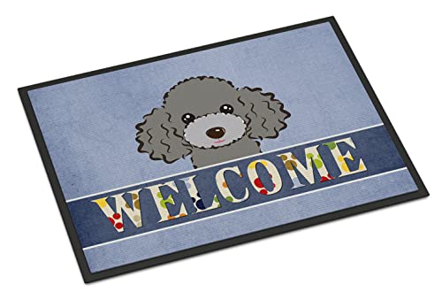 Caroline's Treasures BB1445JMAT Silver Gray Poodle Welcome Doormat 24x36, Blue Front Door Mat Indoor Outdoor Rugs for Entryway, Non Slip Washable Low Pile, 24H X 36W