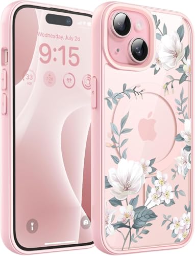 Image of VONZEE Compatible with iPhone 15 Plus Case Luxury Retro Flowers Floral Clear for Magnetic Wireless Charging Case Shockproof Case PC+TPU Cute Glossy Shiny Cover for Girls Women, 6.7'' Pink