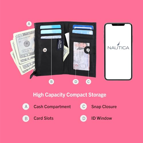 Image of Nautica High Tide Small Wallet for Women, RFID Blocking Slim Credit Card Holder with Zipper Coin Pocket, Bifold Compact Wallet with ID Window, Black Printed