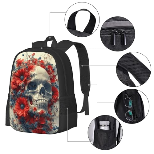 Image of Floral Skull Print Backpack For Men Women Lightweight Daypack For Daily Commutes Business Travel Hiking