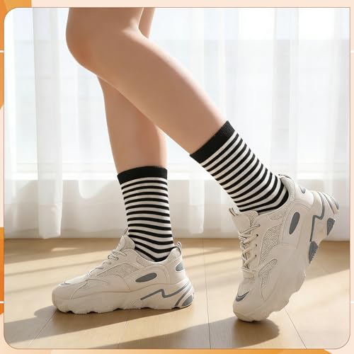 Image of Jspupifip 6 Pairs Womens Strip Crew Socks Cute College Style Ribbed Socks | Combed Cotton, Elastic Ribbed, Retro Stripe, for Work, Commuting, Shopping, Dating, Birthday, Sports, Home, Office