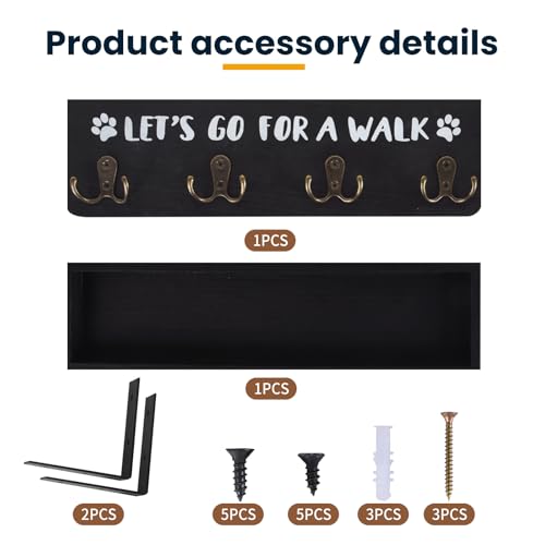 Dog Leash Holder for Wall, Dog Leashes Hangers for Wall Mount, Wood Dogs Leashes Holder for Wall with Four Double Key Hooks Leash Rack for Walls (Black) - Image 6