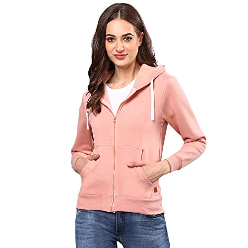 Image of PINACOLADA Women's Light Pink Zip-Front Hoodie with Ribbed Hem for Casual Wear | Hooded Neck | Long Sleeve | Zipper Closure | Cotton Sweatshirt Crafted with Comfort Fit for Everyday Wear