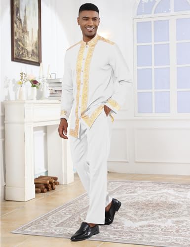 Mens African 2 Piece Set Nigerian Dashiki Metallic Traditional Suit Gold Stamp Printed Shirt and Pants Outfit2